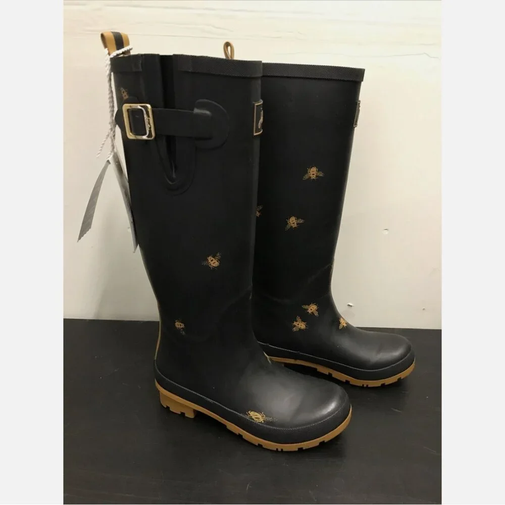 Joules Welly Print Black Bee Print High Shaft Waterproof Rain Boots